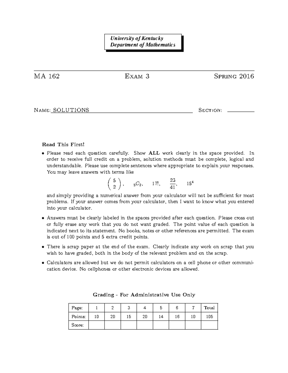 MA162 Exam 3 Spring 2016 Solutions and Answers - Studocu