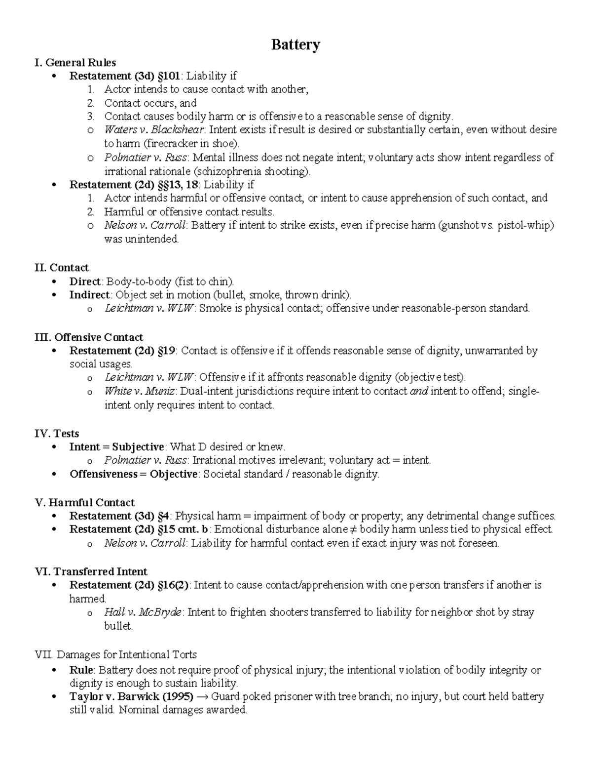 Torts Outline Rules (LAW 101) - Key Principles and Case Summaries - Studocu