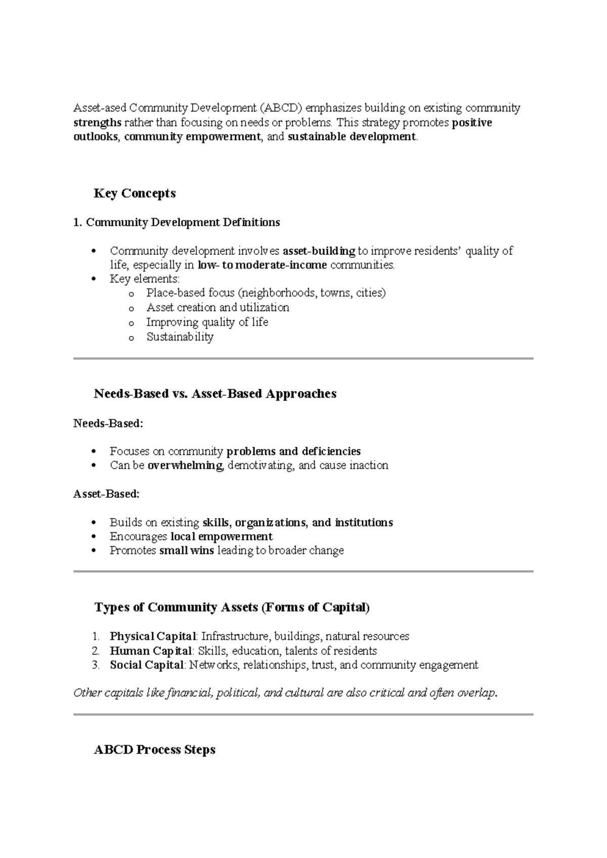 Community Development (ABCD) Summary Notes on Key Concepts and Assets ...