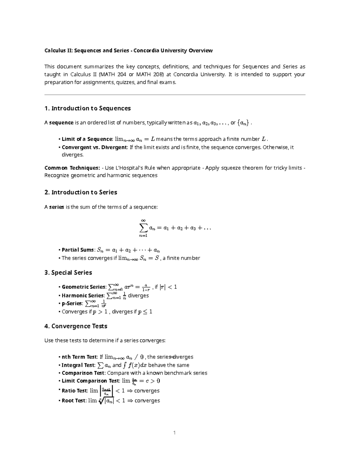 MATH 204/208: Sequences and Series Overview for Final Exam - Studocu
