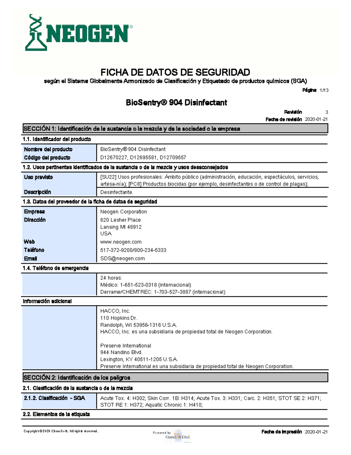 FICHA DE DATOS DE SEGURIDAD DE BioSentry® 904 (MSDS) - Studocu