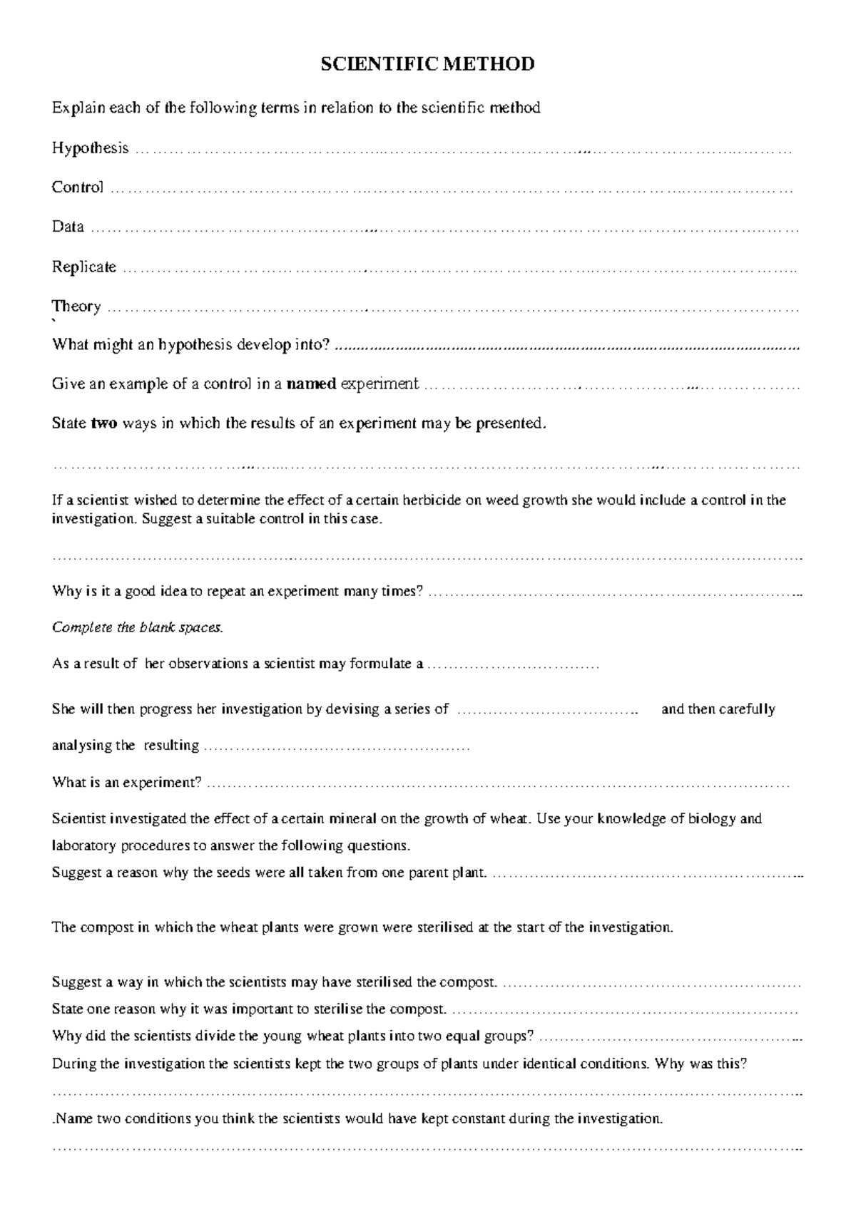 Chapter 1 worksheet scientific method - SCIENTIFIC METHOD Explain each ...