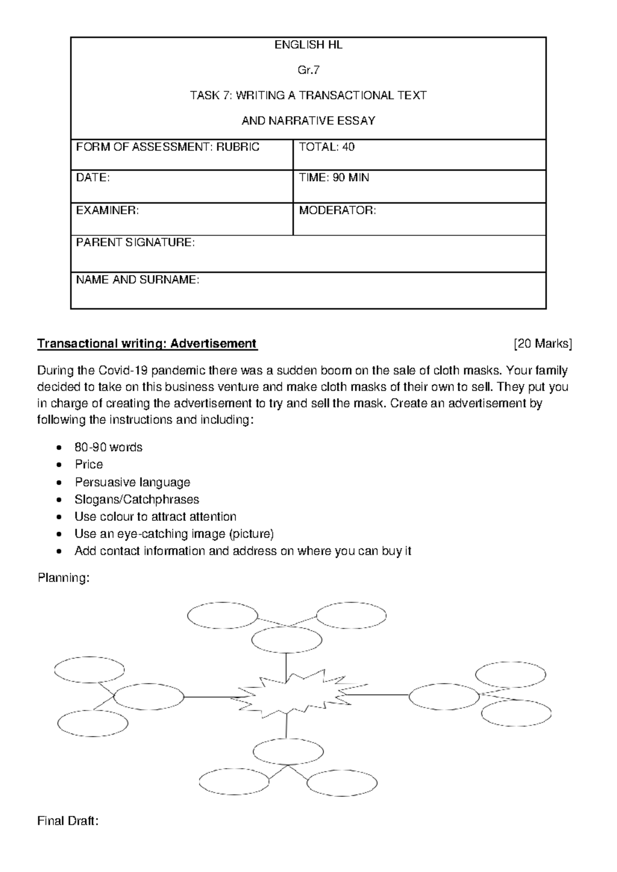 Gr-7-ENG-HL-TASK-7: Creative Writing - Transactional Text & Essay - Studocu