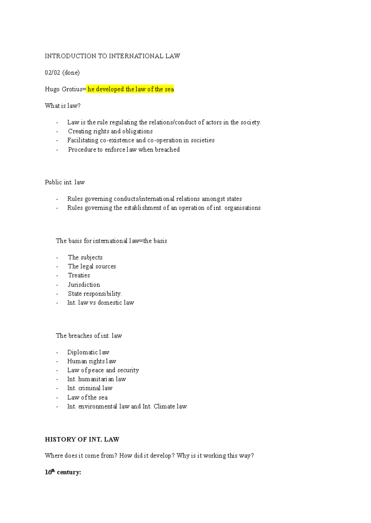 INTL 101: Introduction to International Law - Lecture Notes - Studocu