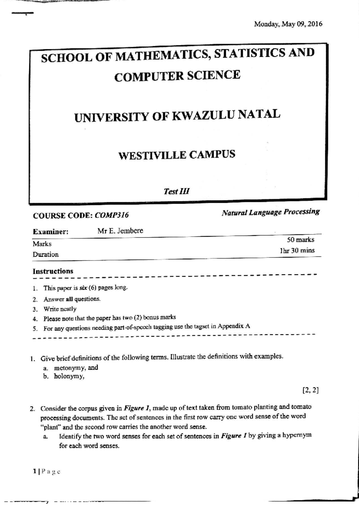 COMP316 - 2016 Test on Natural Language Processing - Studocu