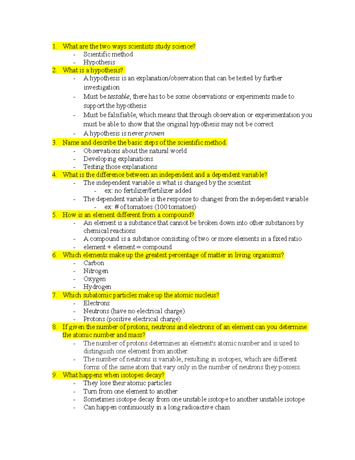Biology 101 Summary Answers on Scientific Method & Molecules - Studocu