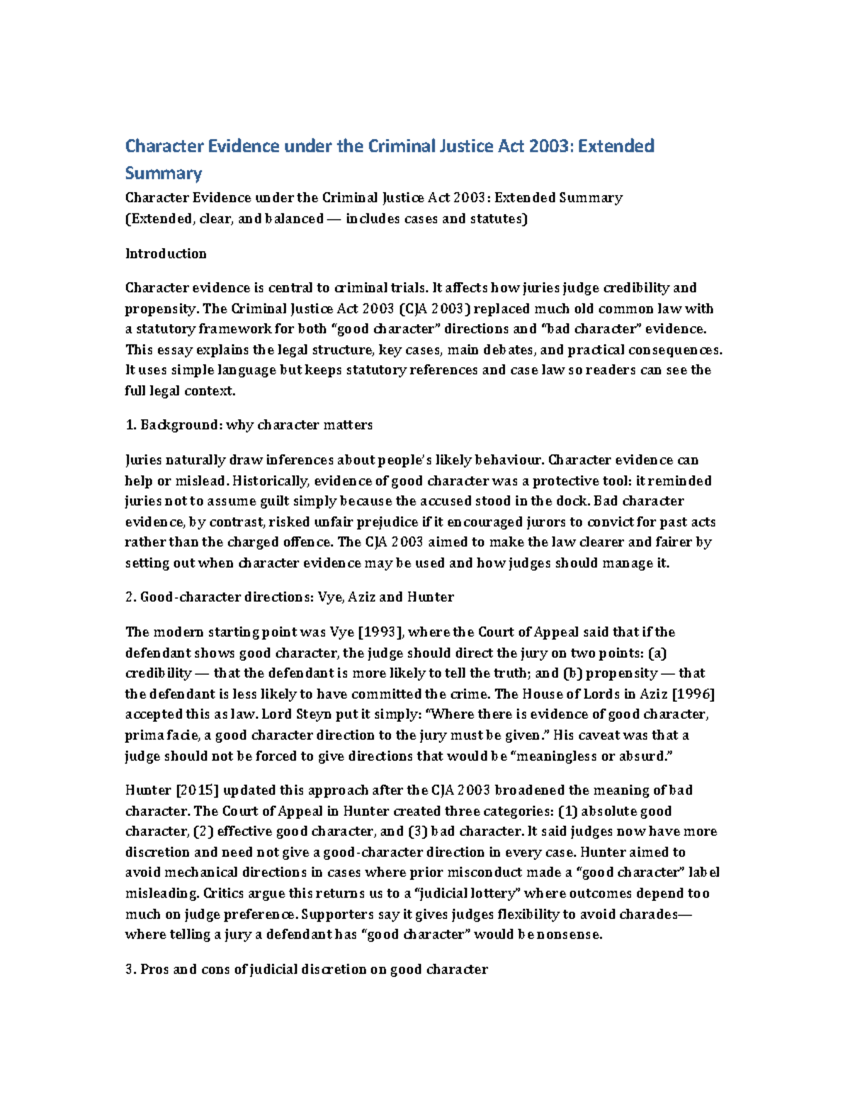 Character Evidence under the CJA 2003: Comprehensive Summary - Studocu