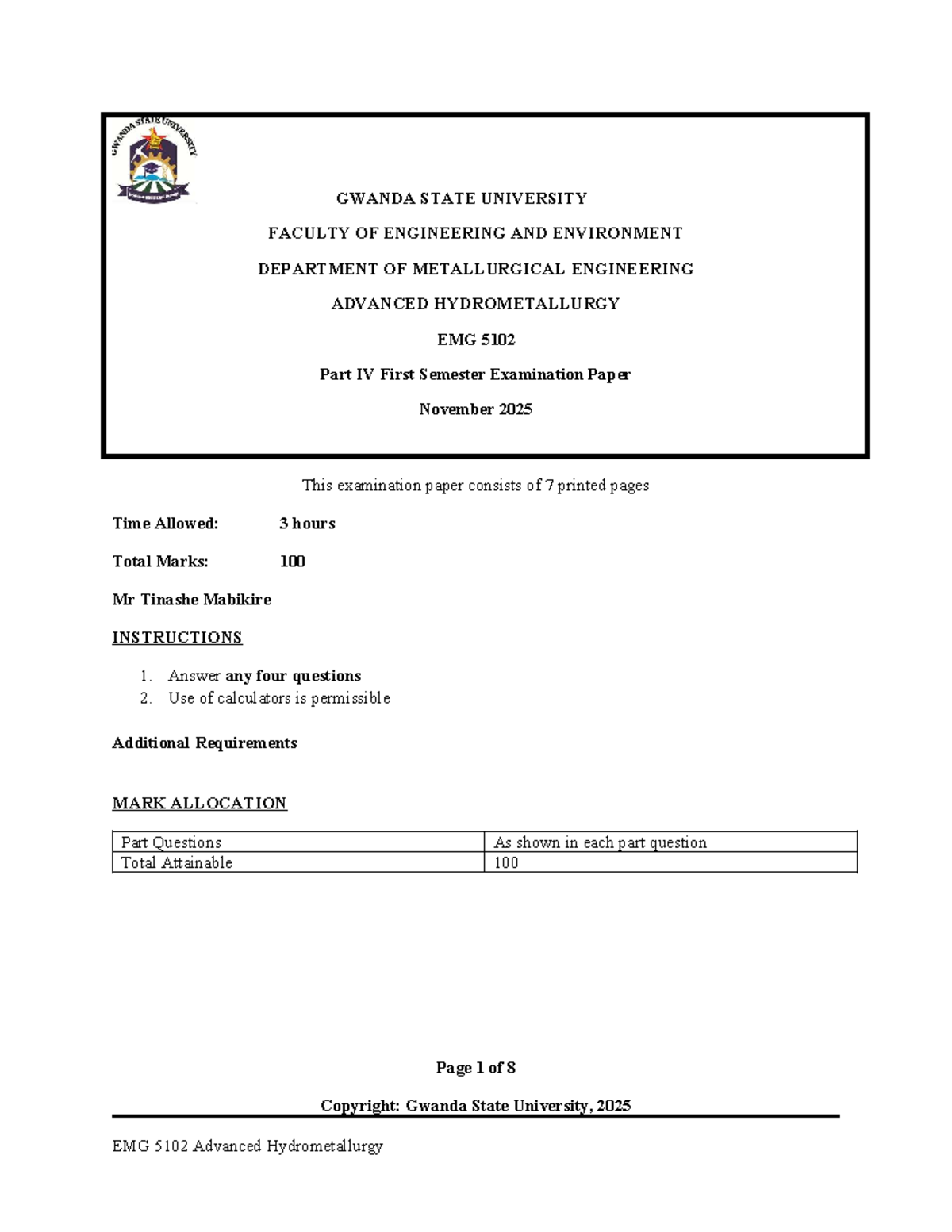 EMG 5102 Advanced Hydrometallurgy Final Exam Paper November 2025 - Studocu