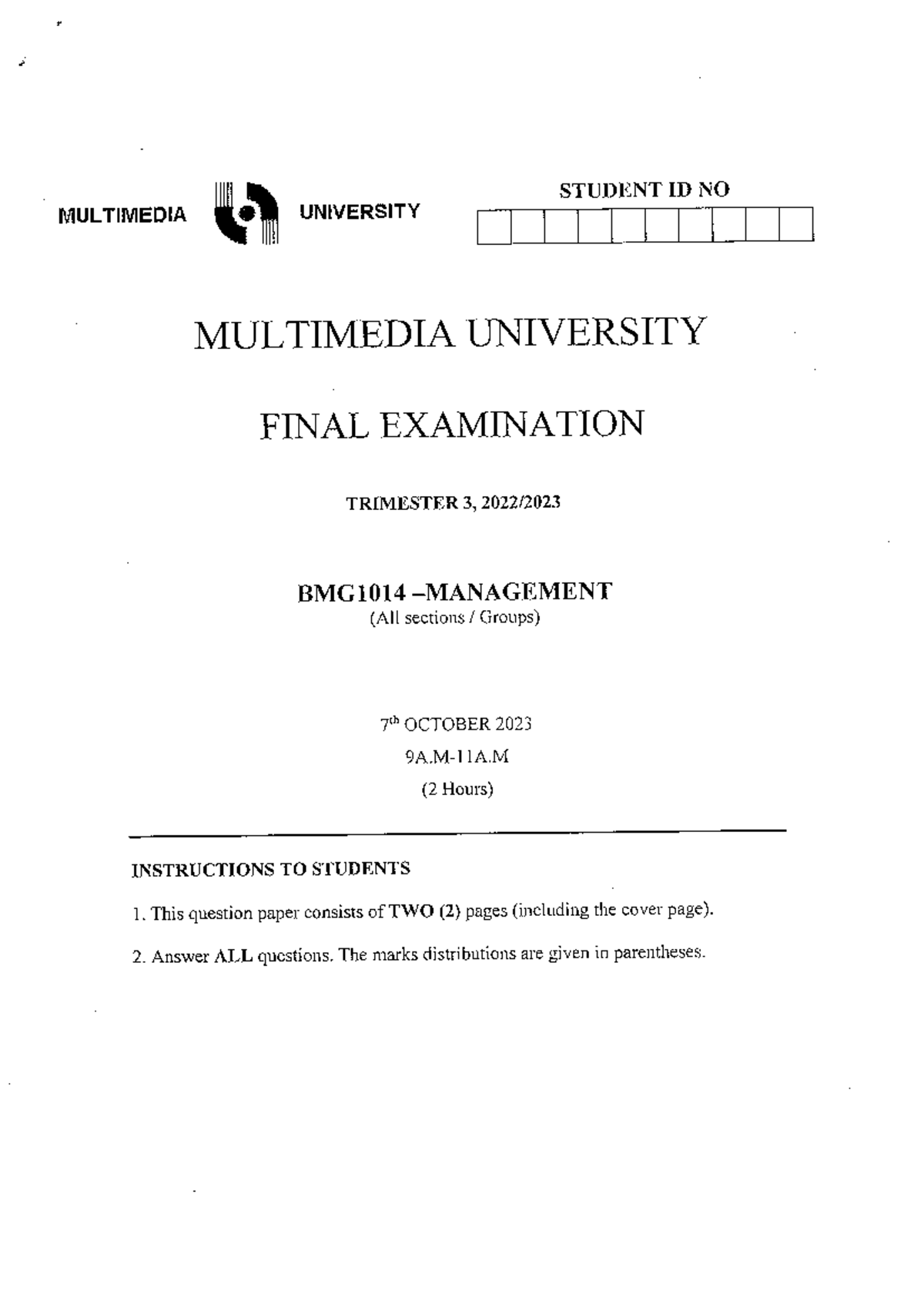BMG 1014 - Management - note - STUDENT ID NO MULTIMEDIA UNIVERSITY ...