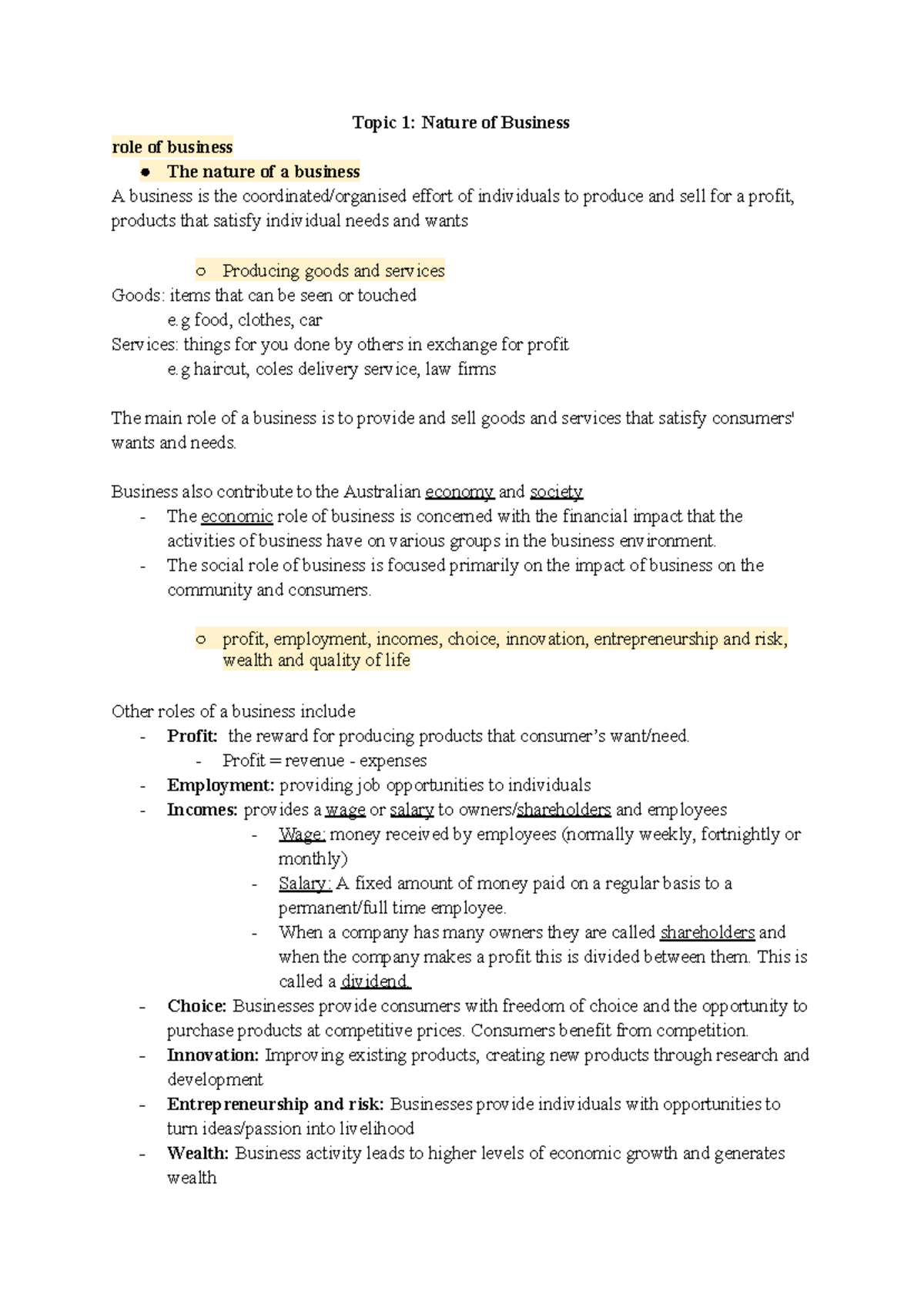 Nature of Business - ........... - Topic 1: Nature of Business role of ...