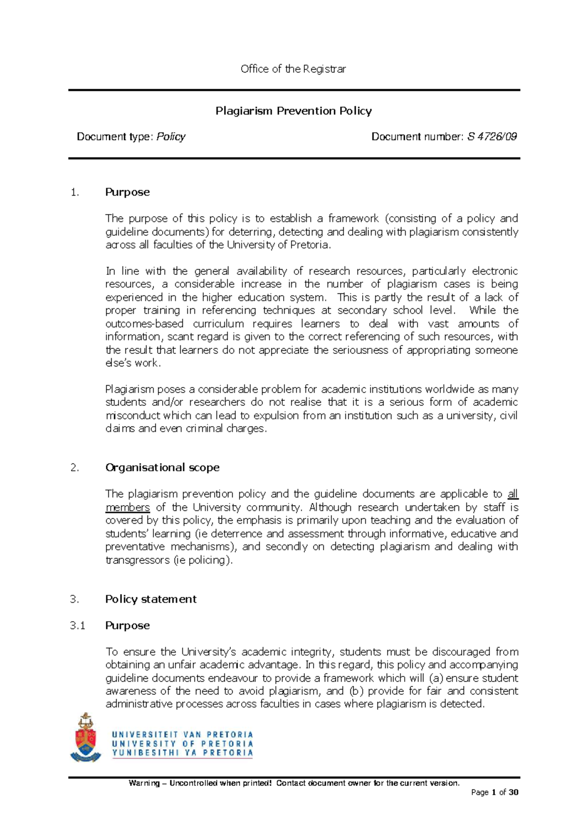 Plagiarism Prevention Policy - University of Pretoria Guidelines - Studocu