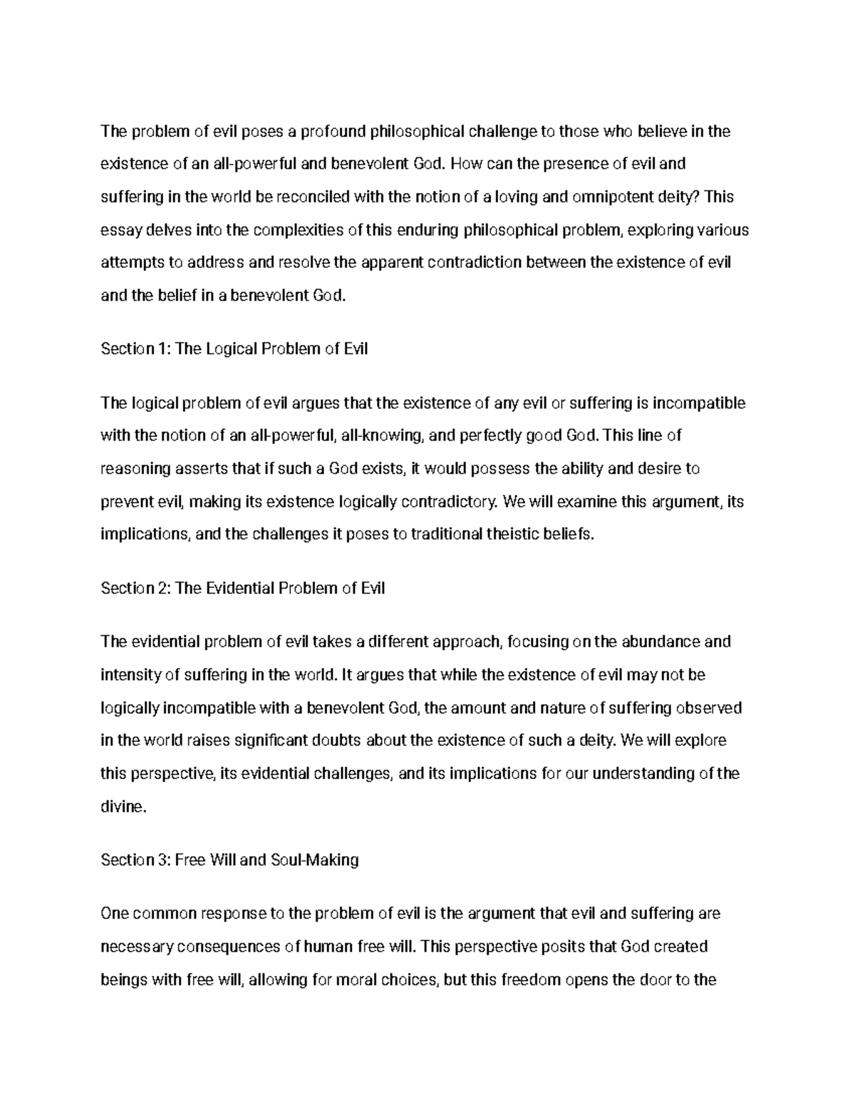 Phl100 essay 5 - The problem of evil poses a profound philosophical ...