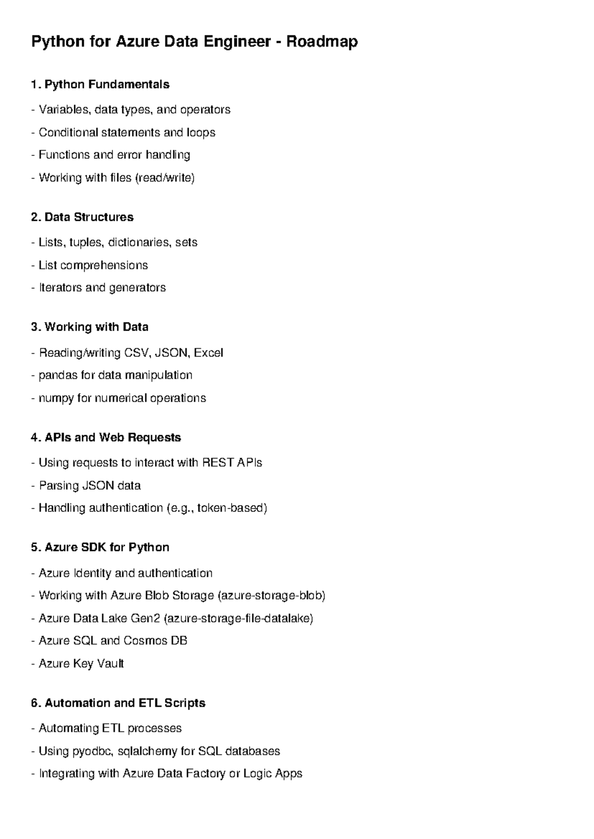 Python for Azure Data Engineer Roadmap: Key Concepts & Skills - Studocu