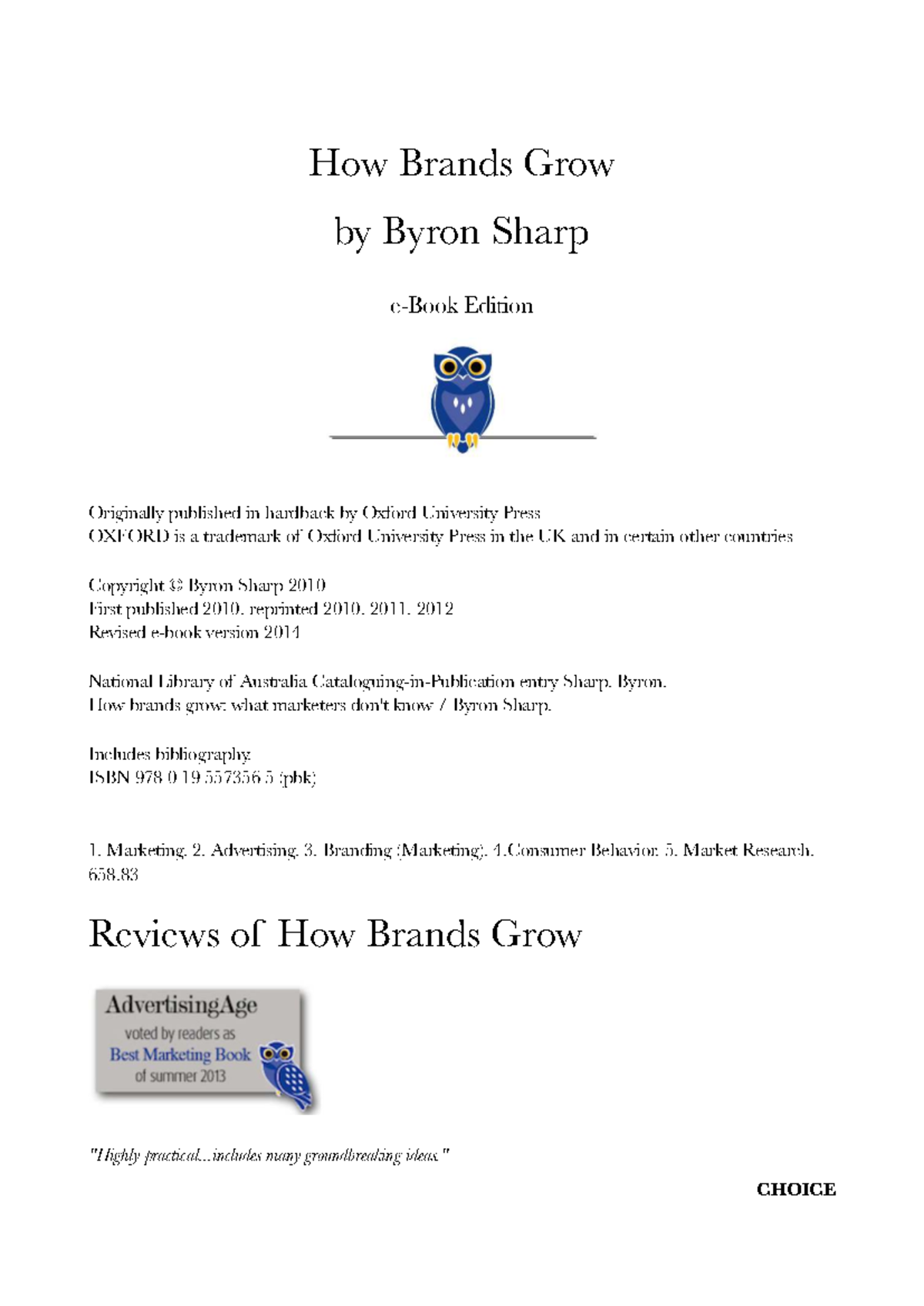 How Brands Grow: Insights from Ron Sharp's Marketing Science - Studocu