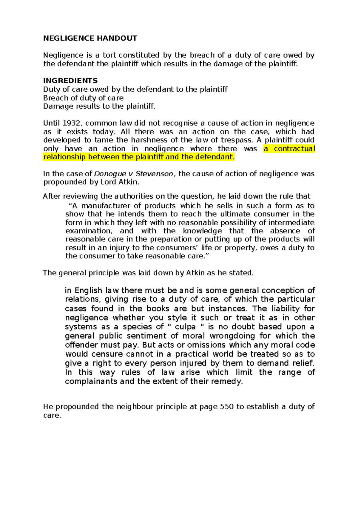 Negligence & Strict Liability Notes: Key Principles and Case Law - Studocu