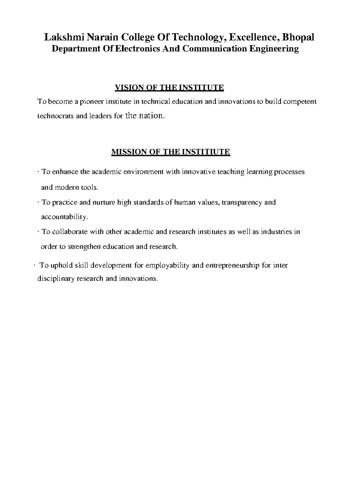 Mission and Vision of Electronics and Communication Engineering - LNCT ...