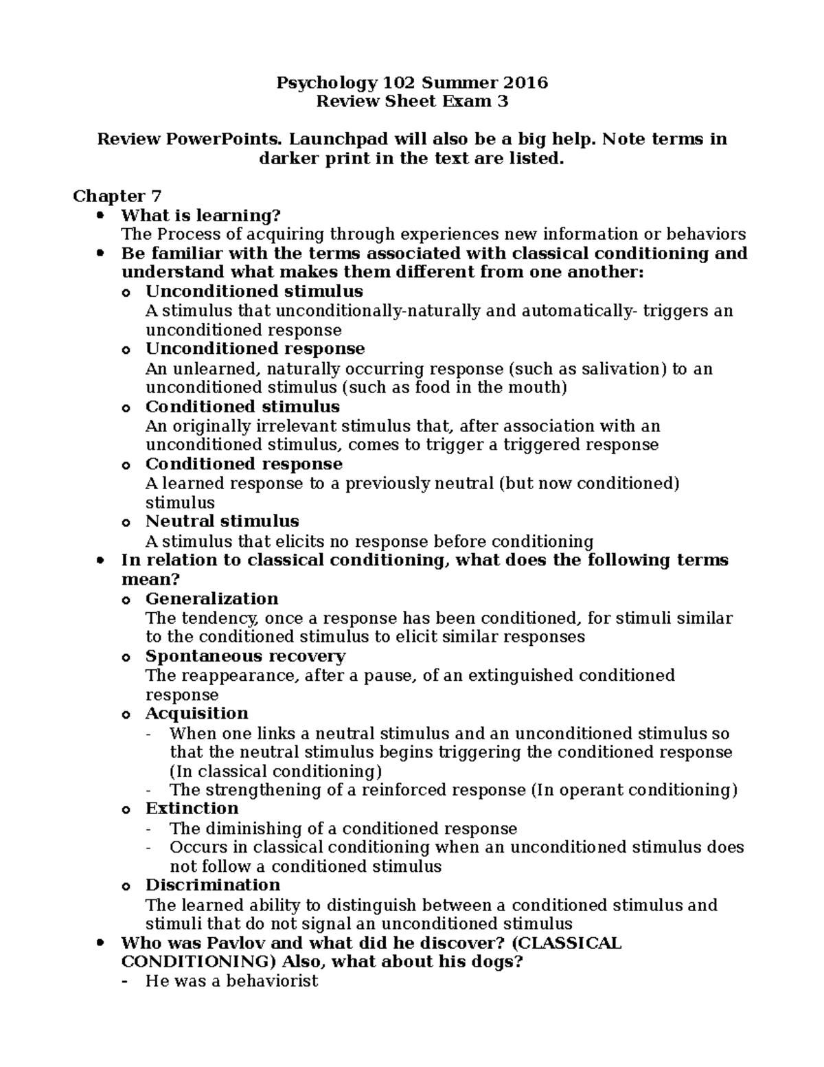 Psychology 102 Exam 3 Study Guide: Key Concepts and Terms - Studocu