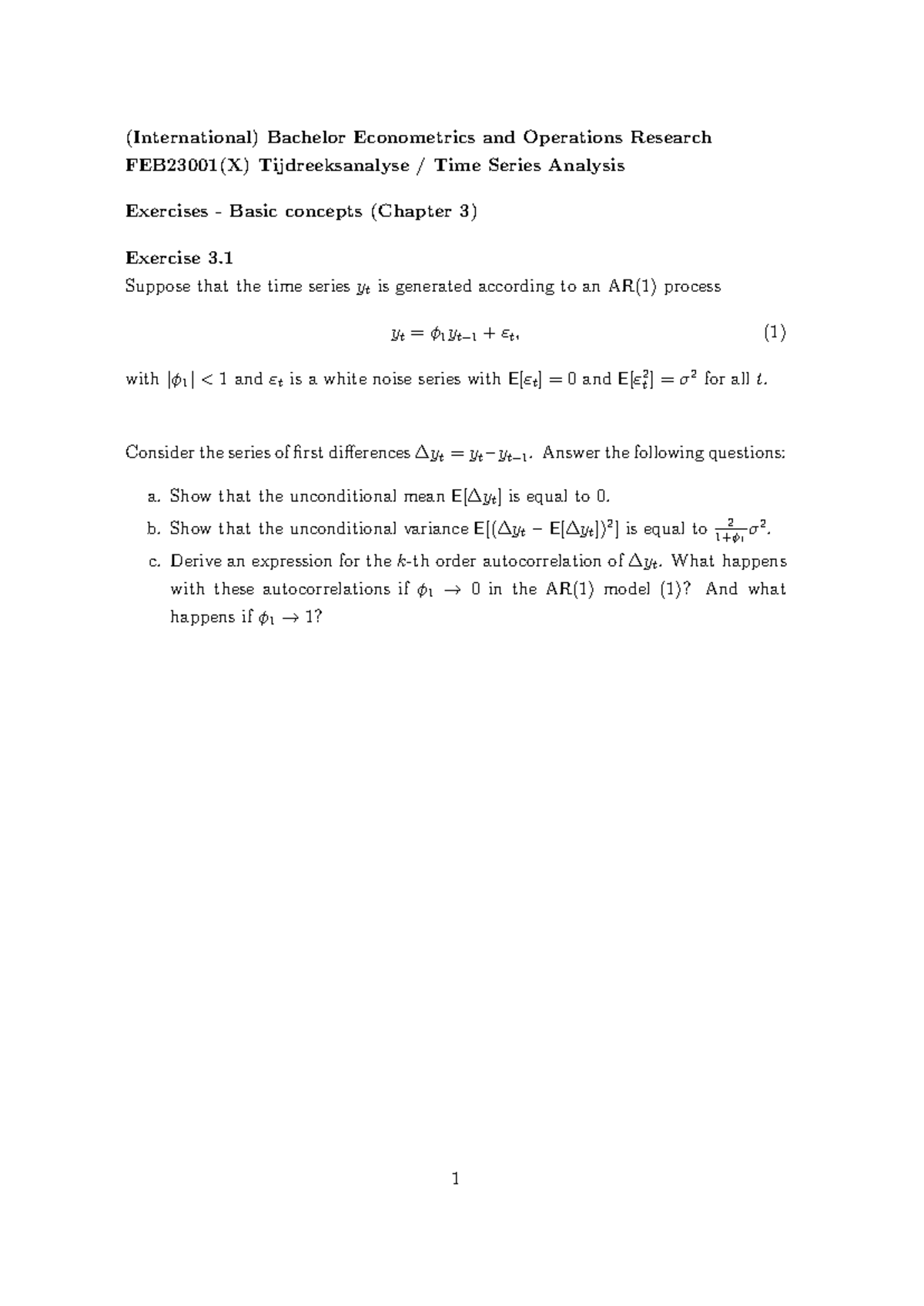 Exercises Tutorial Week 1: Time Series Analysis (FEB23001) - Studeersnel