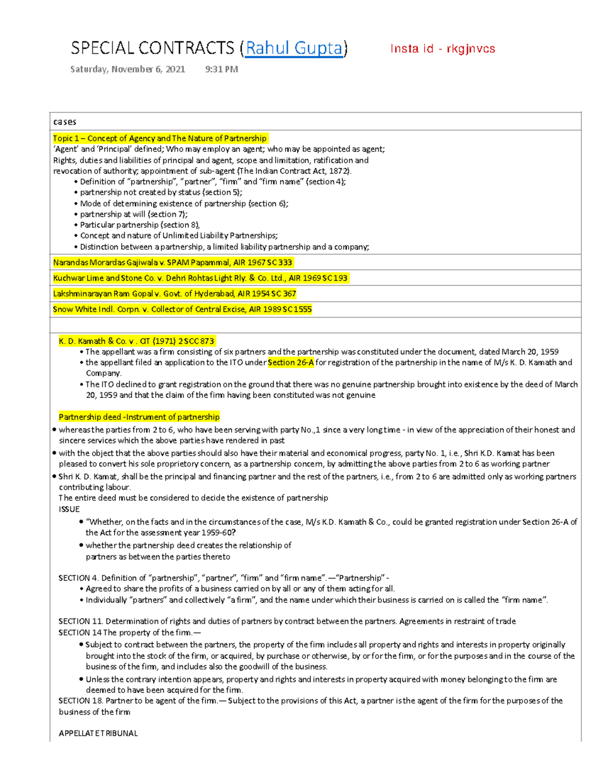 Special Contract Case Study Notes - Rahul - Section Overview - Studocu