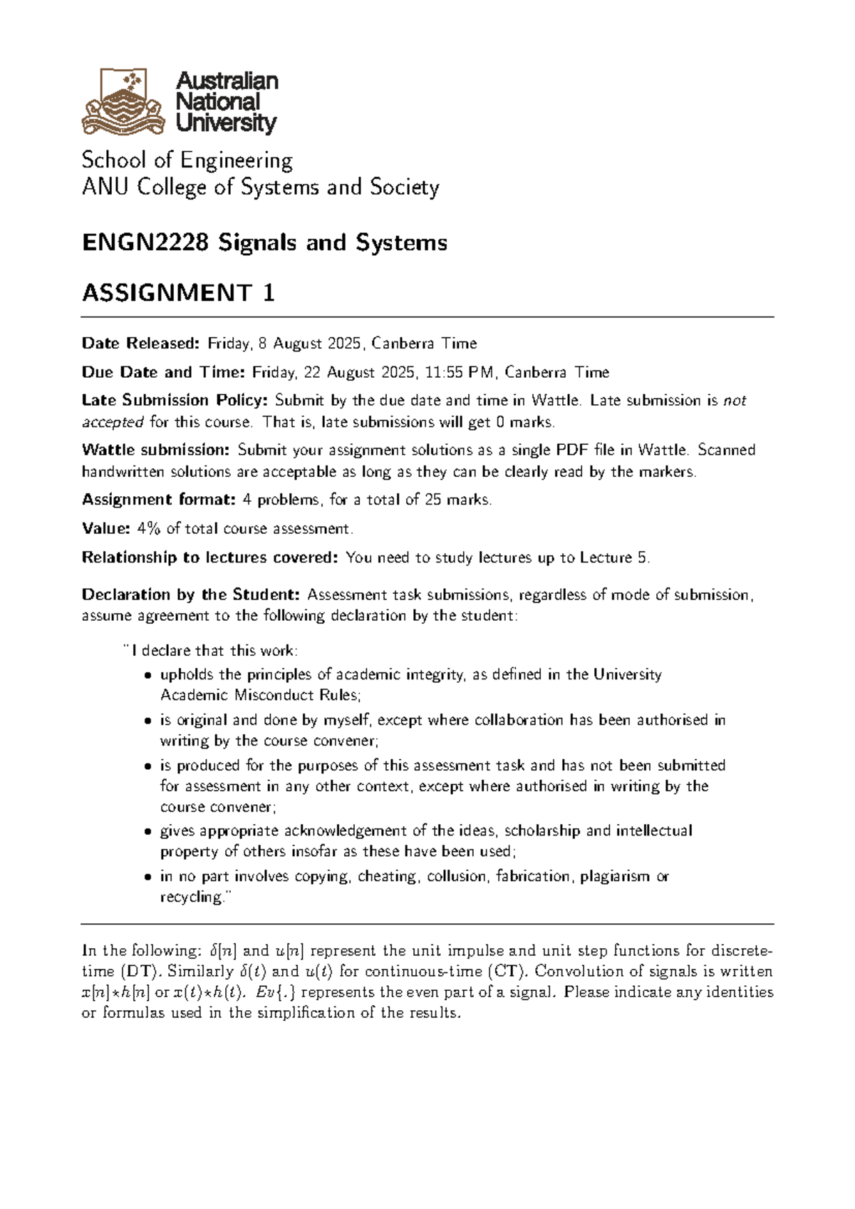 ANU 2228 Signals and Systems Assignment 1 Guidelines 2025 - Studocu
