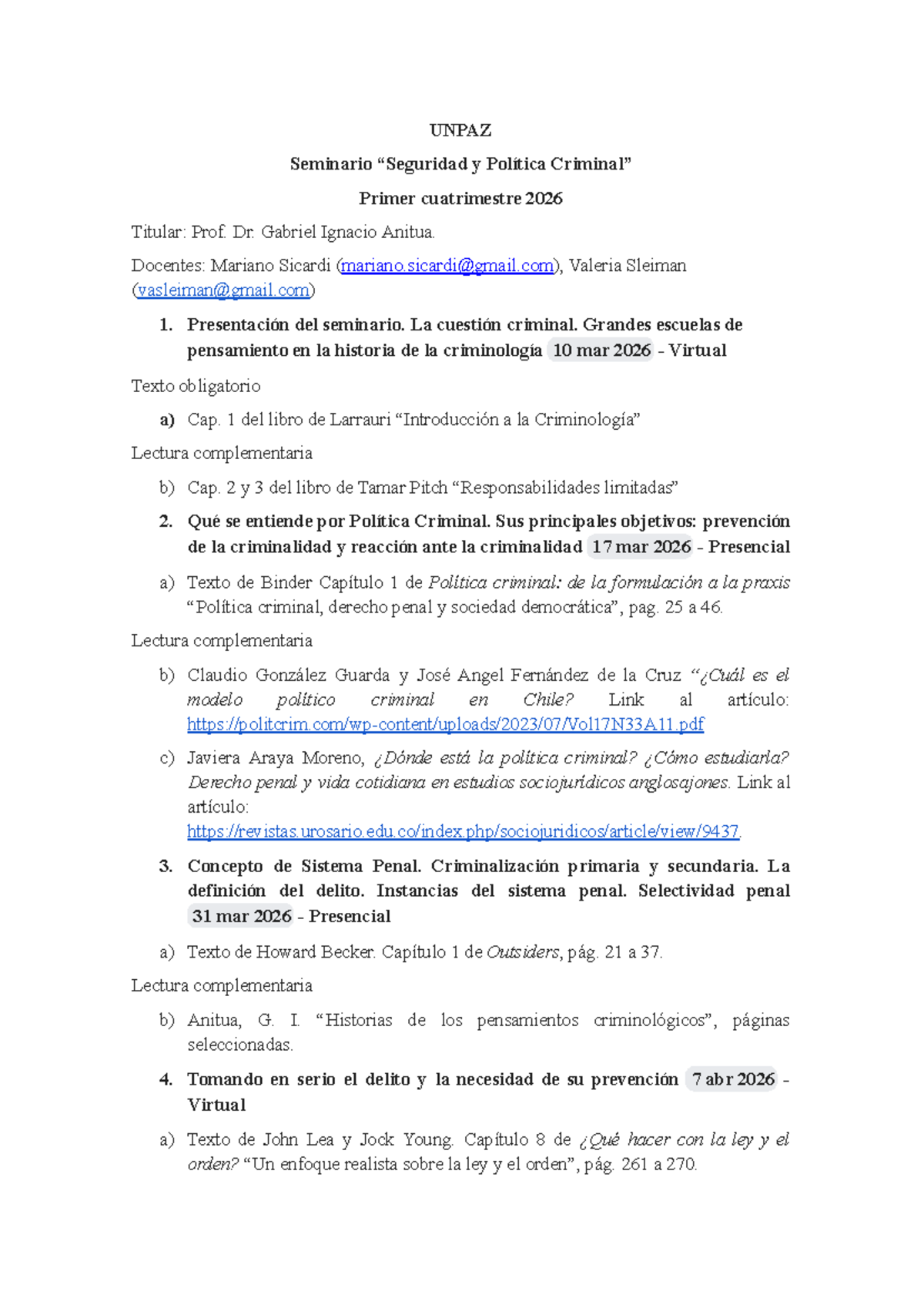 Cronograma del Seminario de Política Criminal 1 - 2026 - Document Preview