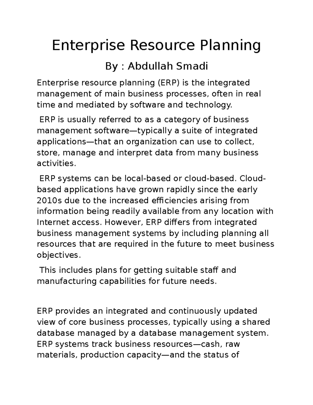 ERP Systems Overview and Analysis: A Report by Abdullah Smadi - Studocu