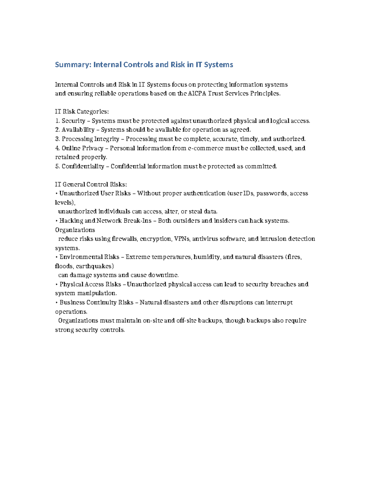 IT Internal Controls Summary: Risks in IT Systems - Studocu