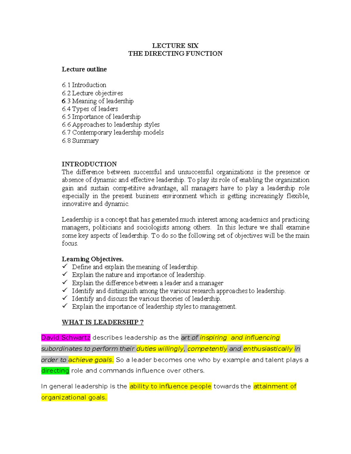 LECTURE 6: THE DIRECTING FUNCTION OF LEADERSHIP - Studocu