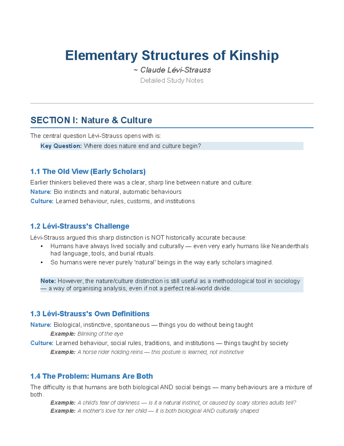 Elementary Structures of Kinship: Nature vs. Culture Analysis Notes ...