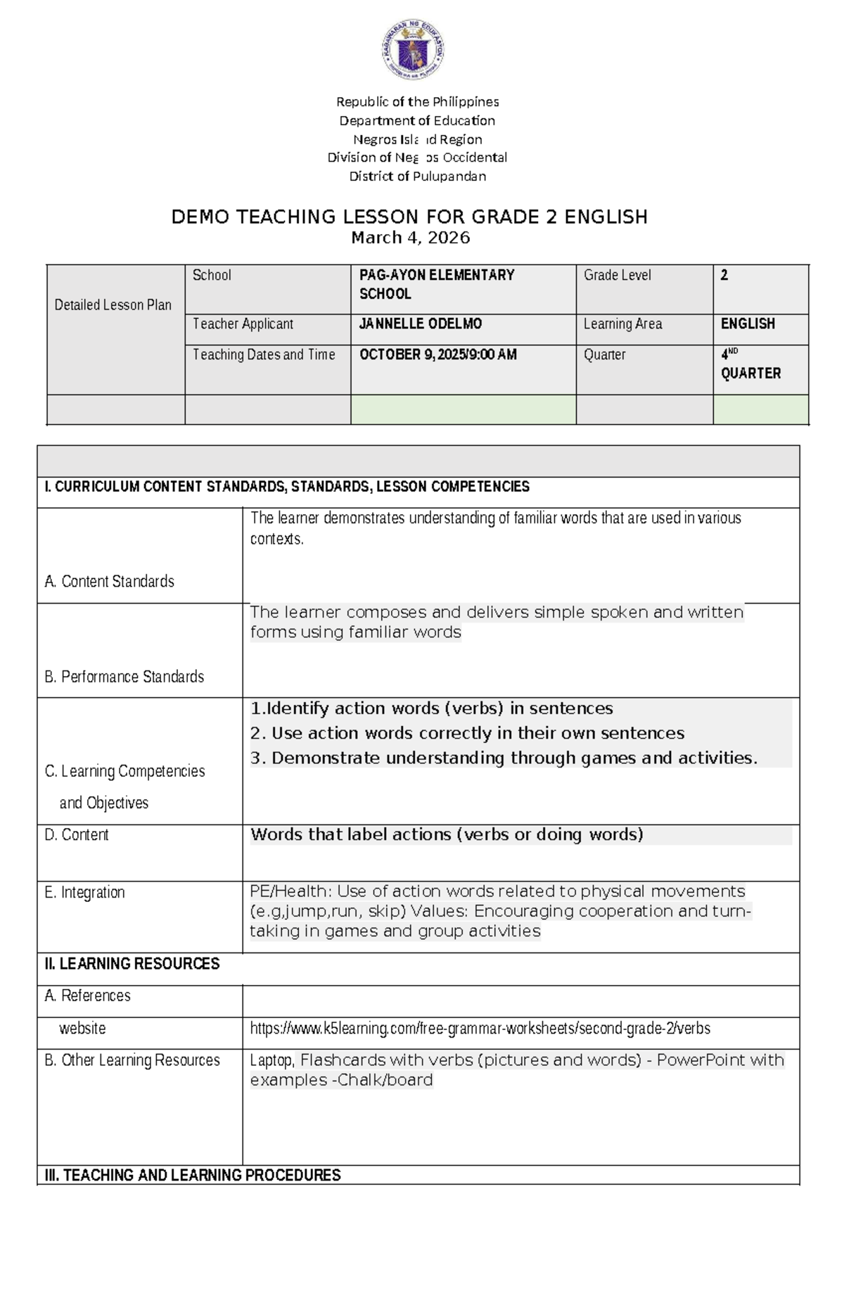 ENG5 Demo Teaching Lesson Plan for Grade 2 English - Studocu