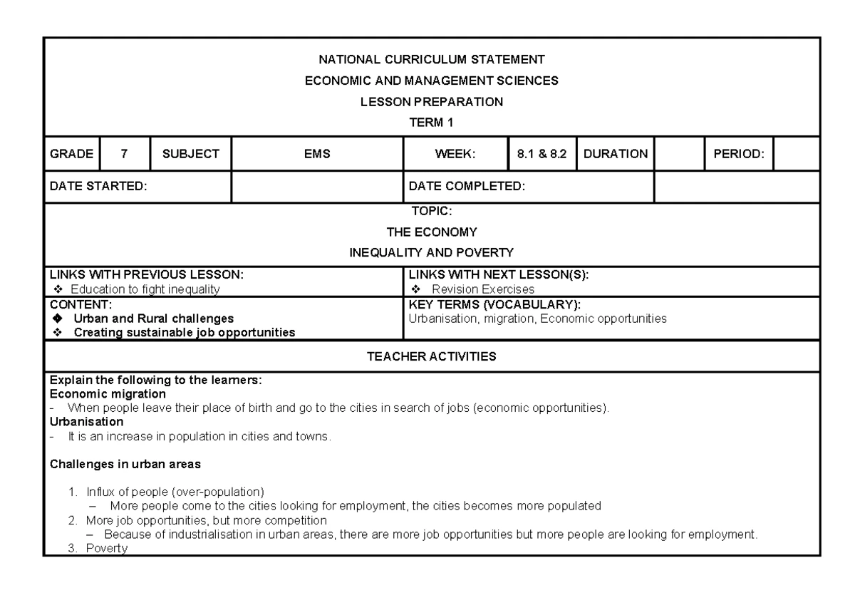 NATIONAL CURRICULUM EMS GRADE 7 LESSON PLAN TERM 1 WEEK 2.2 - Studocu