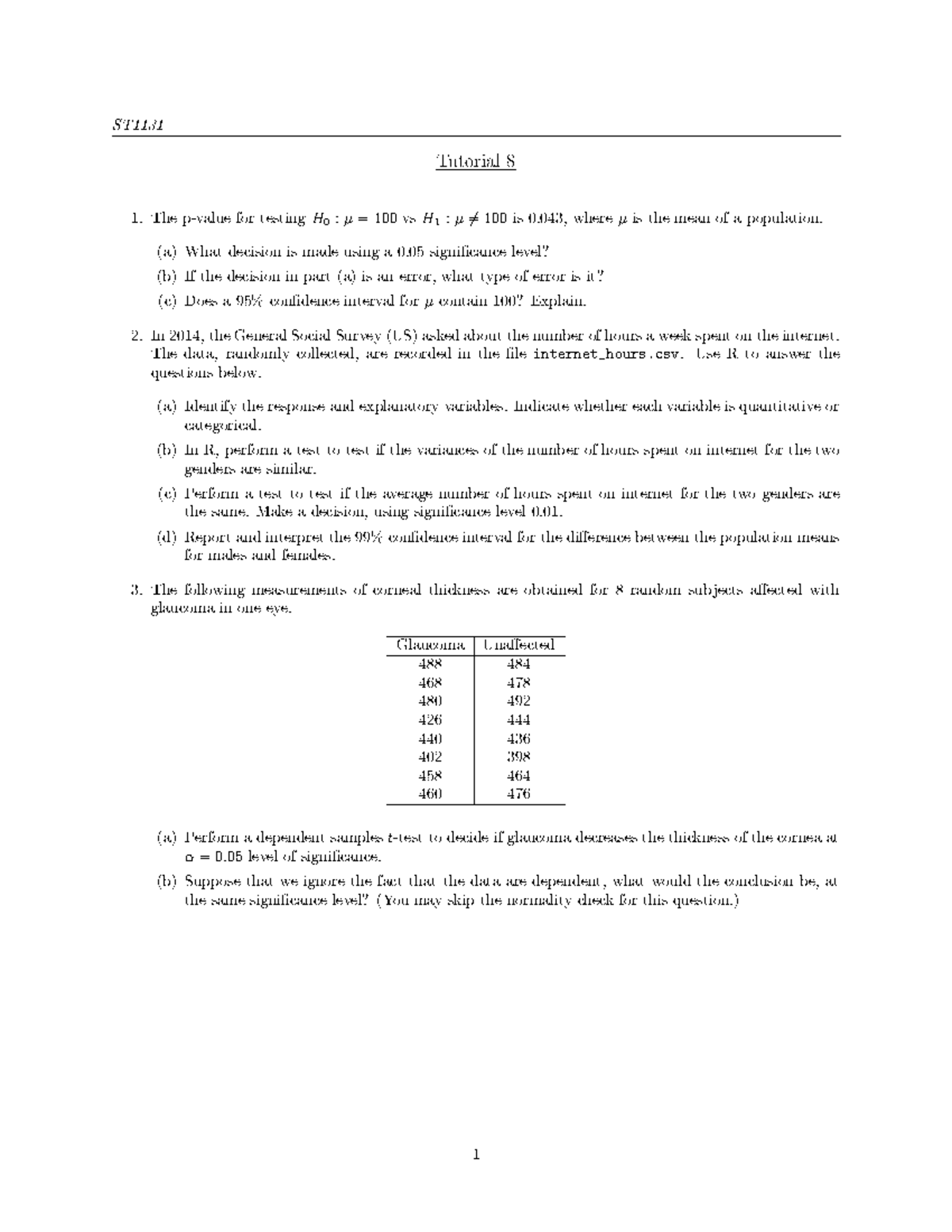 ST1131 Tutorial 8: Hypothesis Testing & Data Analysis - Studocu