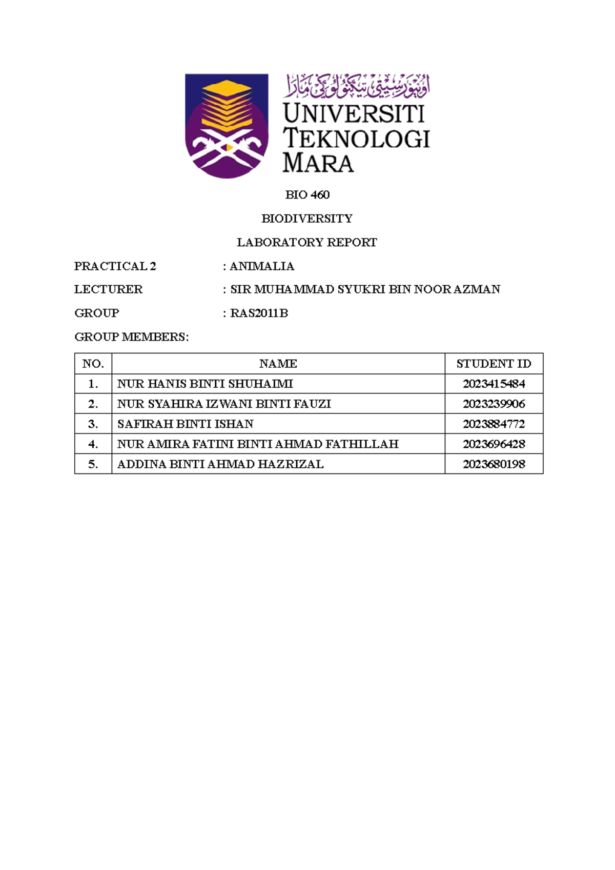LAB Report BIO460 Practical 2: Exploring Animalia Diversity - Studocu