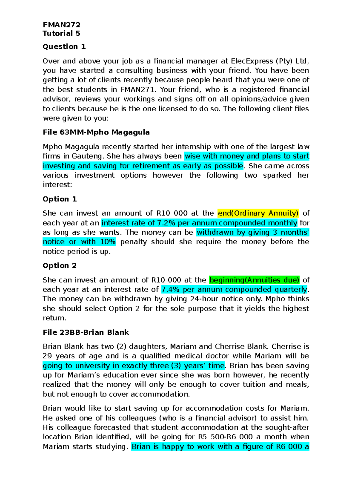 FMAN272 Tutorial 5: Financial Management Case Studies and Analysis ...
