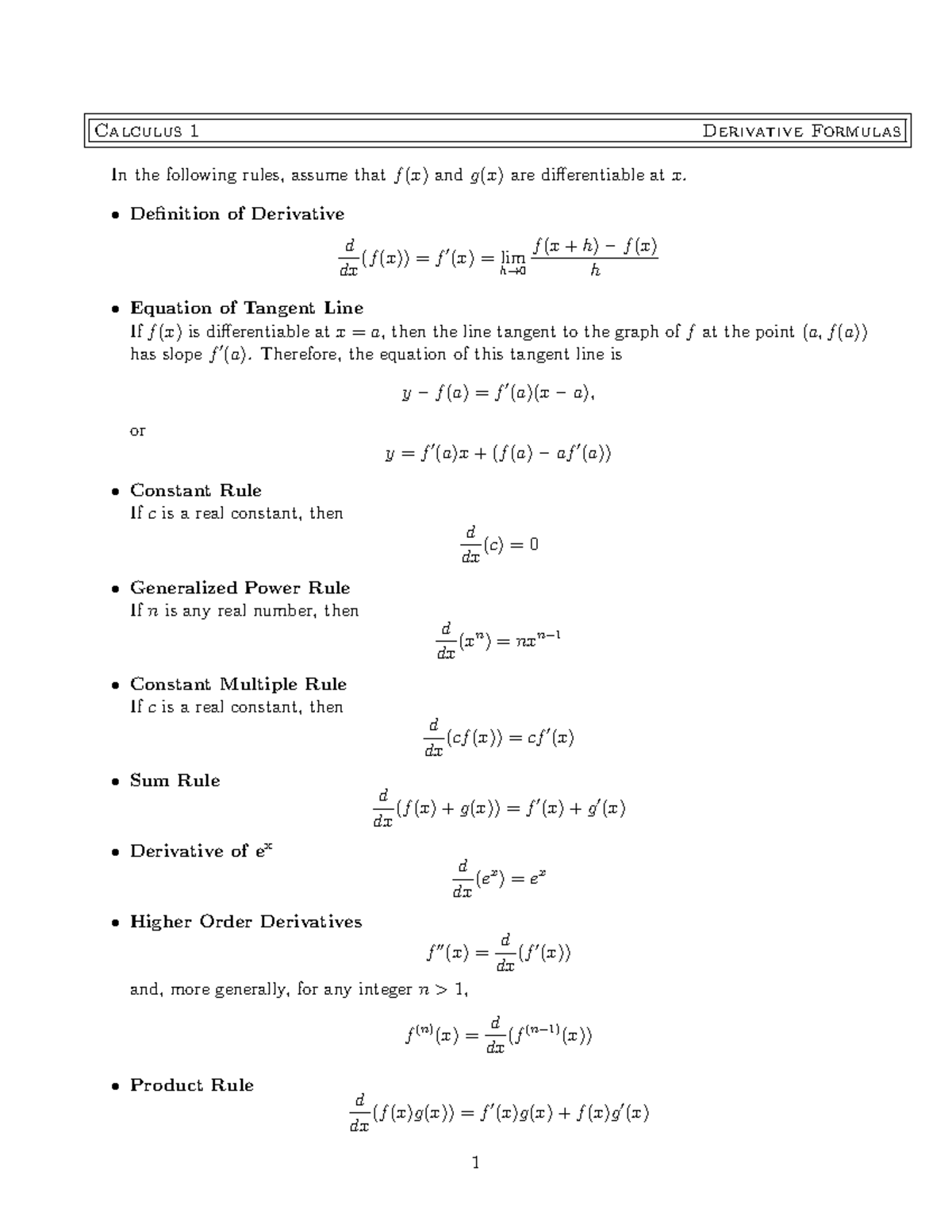 Calculus 1: Essential Derivative Formulas and Rules Summary - Studocu