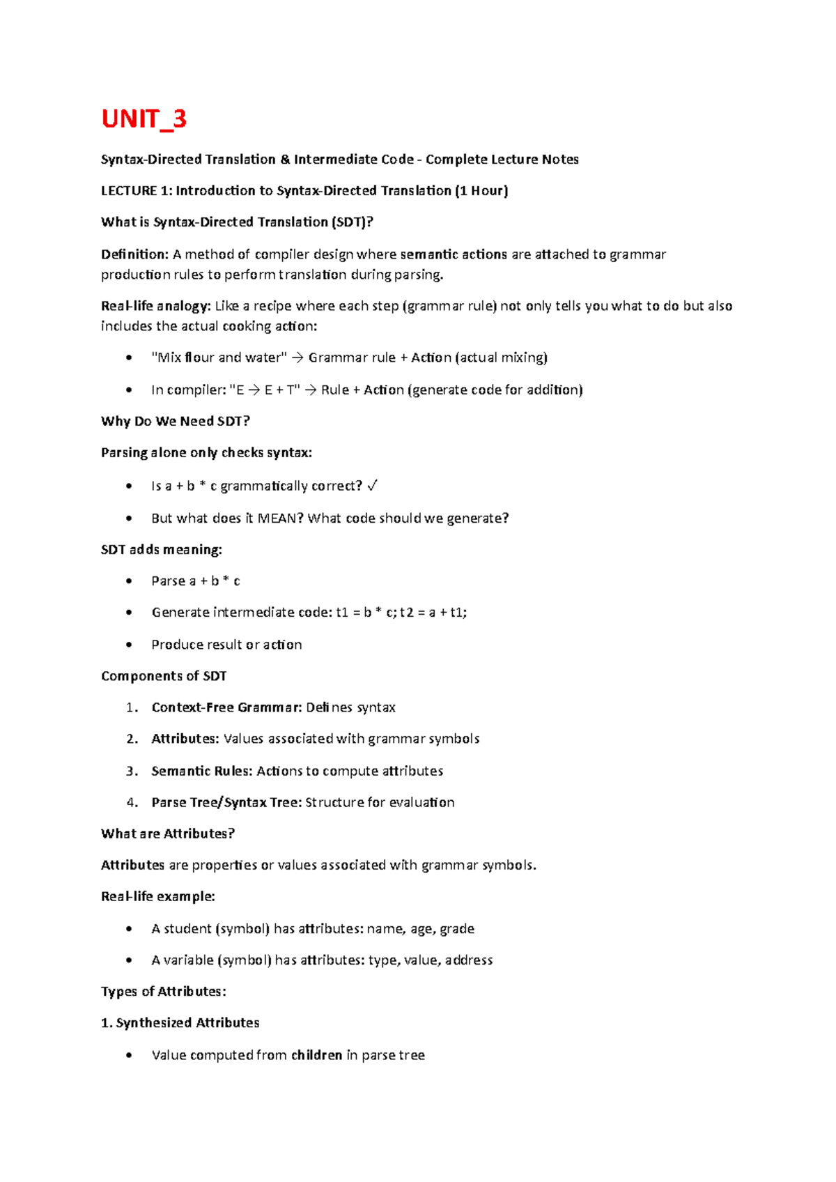 CD UNIT 3 - Complete Lecture Notes on Translation and SDT - Studocu