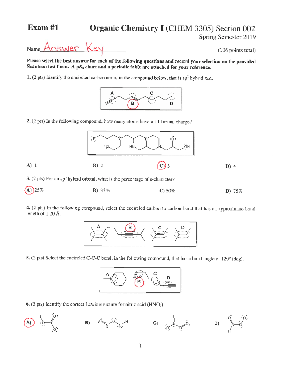 Exam 1 spring 2019 answer key - Exam Organic Chemistry I (CHEM 3305 ...