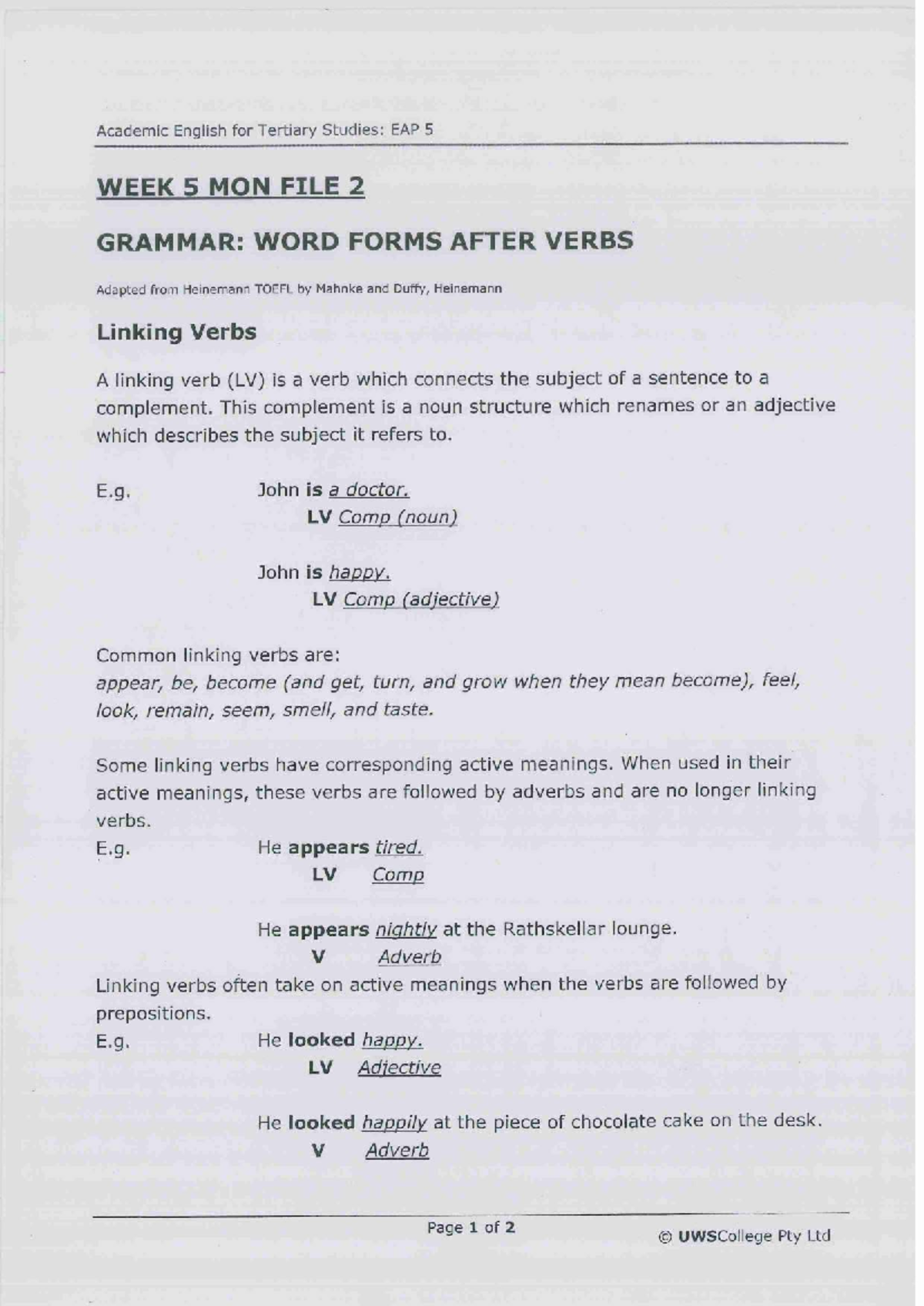EAP 5 Week 5 Mon F2: Grammar - Word Forms After Verbs - Studocu