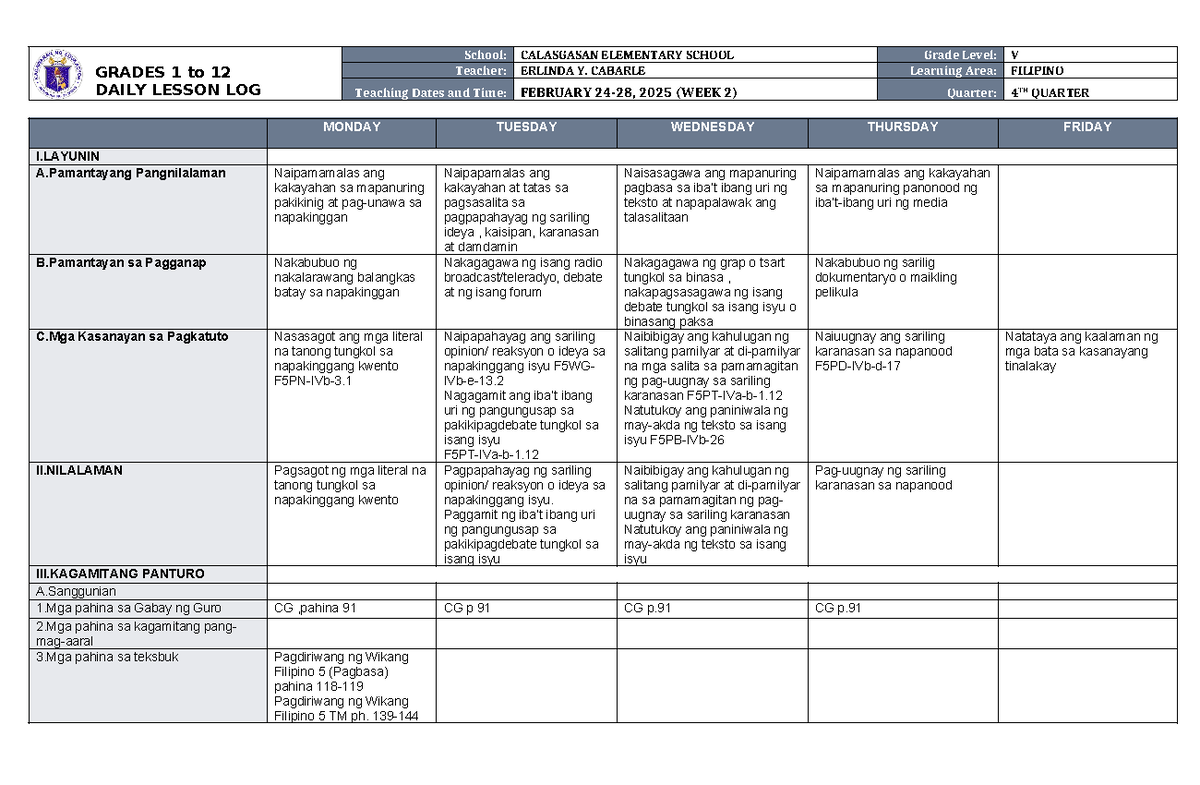 DLL Filipino 5 Q4 W2 - Week 2 Daily Lesson Plan for Grade V - Studocu
