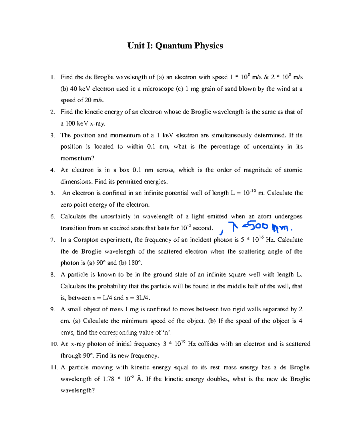 Quantum Mechanics (QM) Numericals: Problem Set & Solutions - Studocu