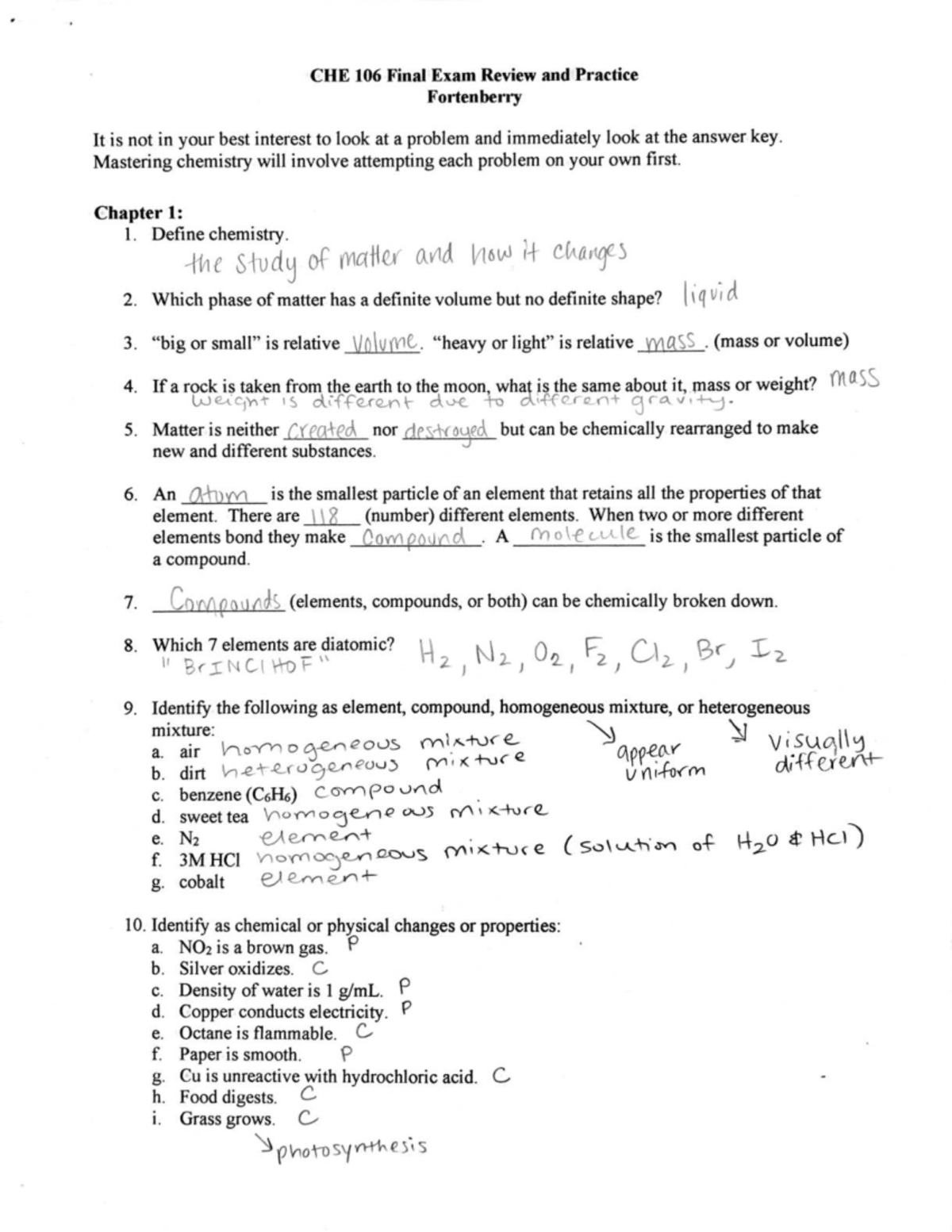 CHE 106 Final Exam Practice and Review Guide - Studocu