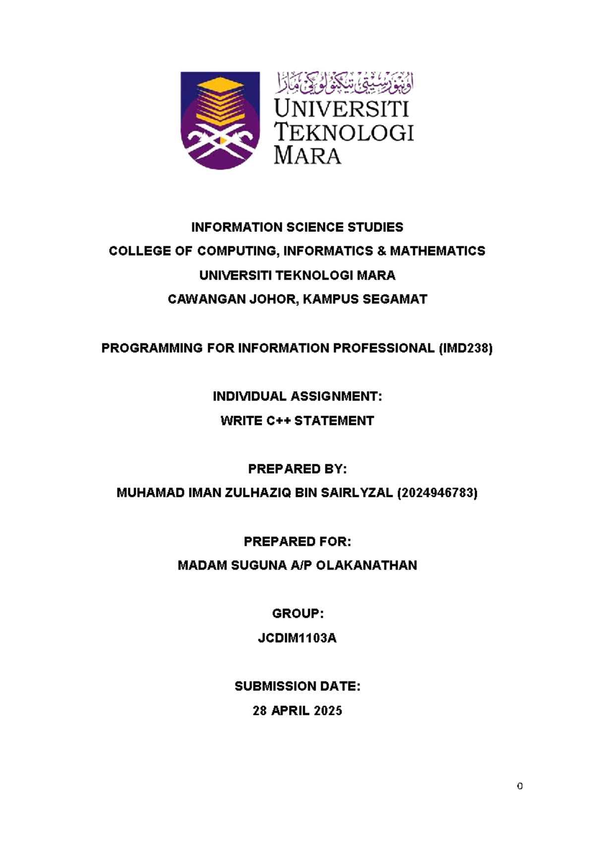 IMD238 Assignment No 3: Programming Statement Task - Studocu