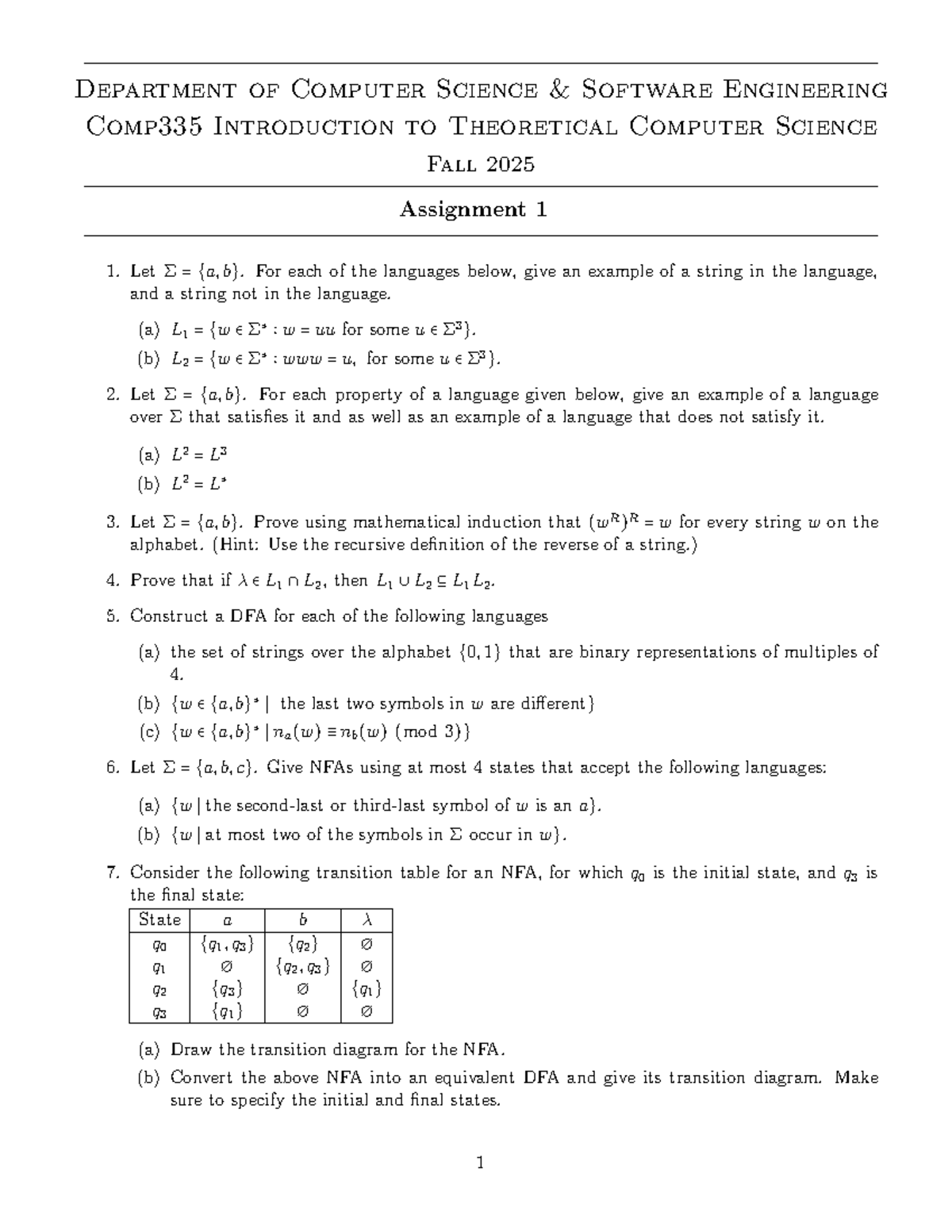 Comp335 Fall 2025: Intro to Theoretical CS Assignment 1 - Studocu