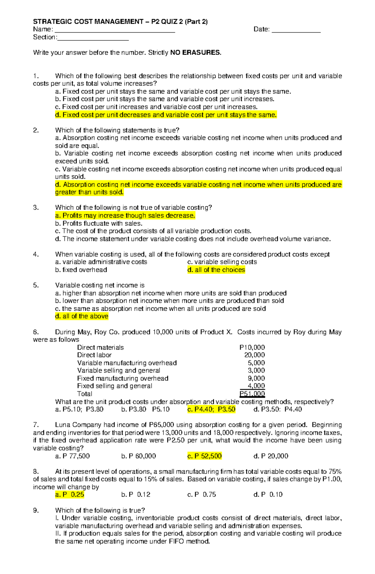 P2 FIN 073 Strategic Cost Management Quiz 2 Answer Key - Studocu