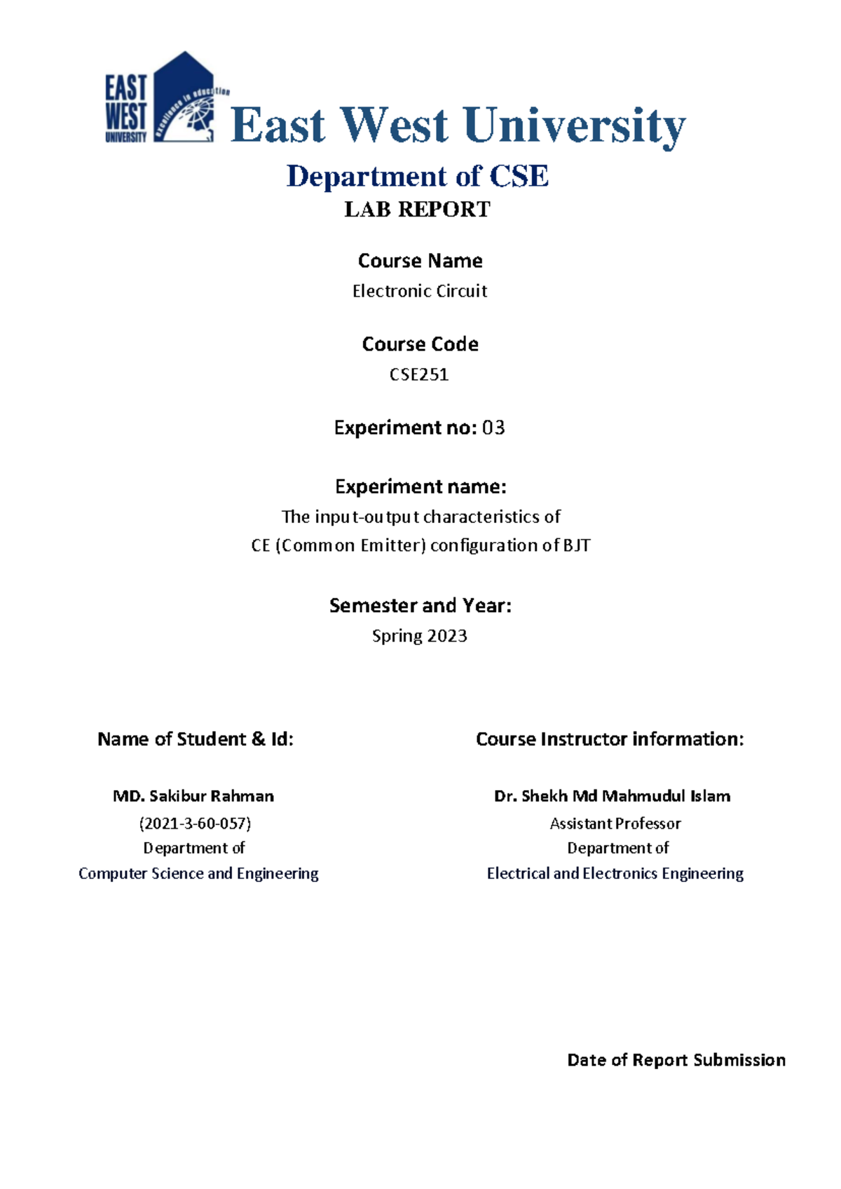 CSE Lab Report - Experiment 3: Input-Output of CE BJT Configuration ...