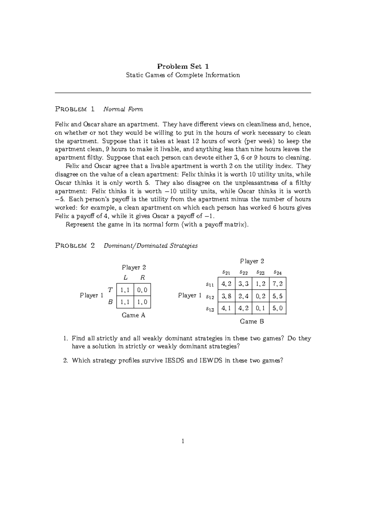 Problem Set 1: Static Games of Complete Info (Ps1) - Studocu