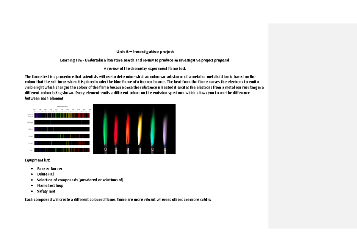 Unit 6 - Investigative Project Proposal on Flame Tests - Studocu