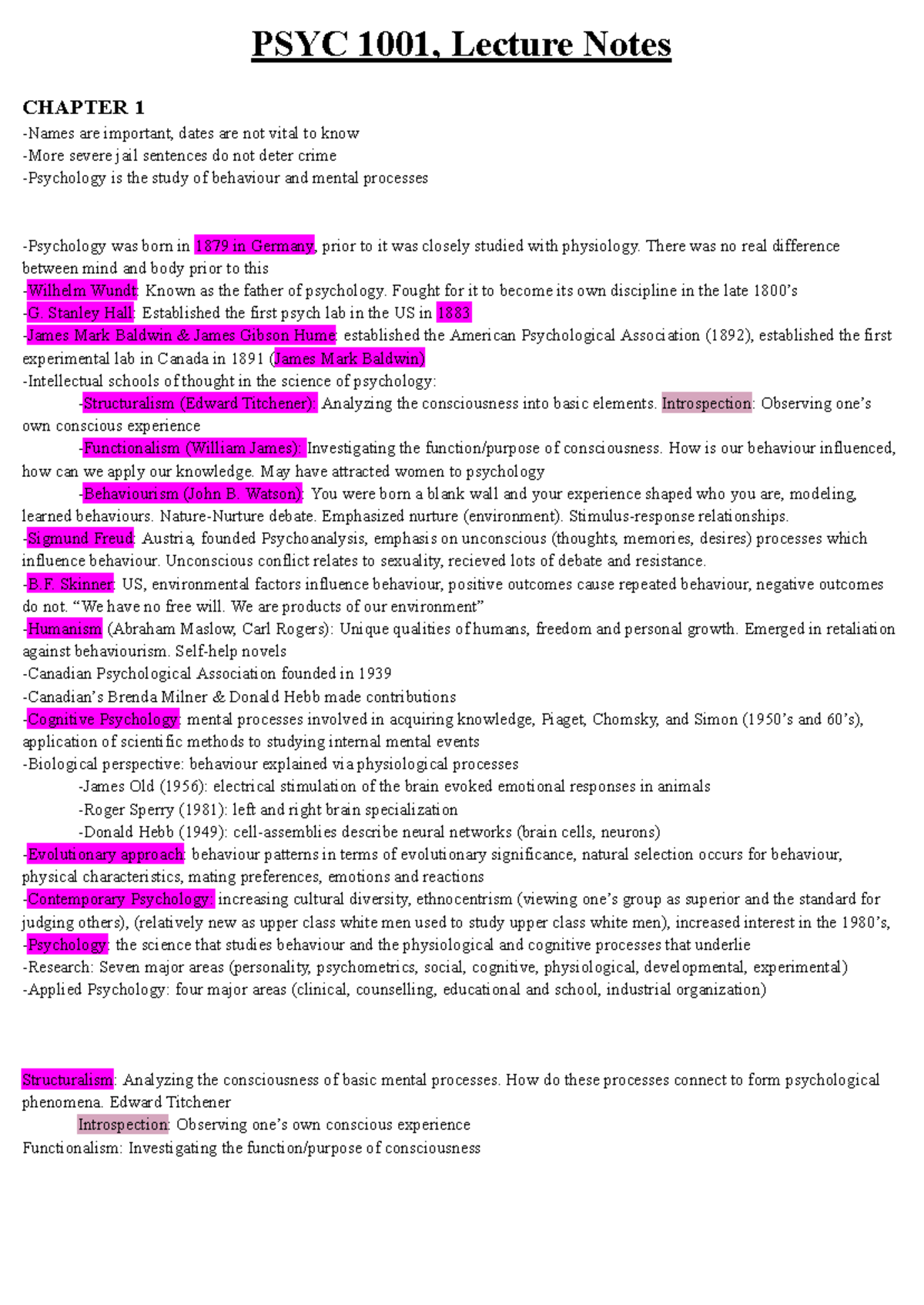PSYC 1001, Chapter 1 notes - PSYC 1001, Lecture Notes CHAPTER 1 -Names ...
