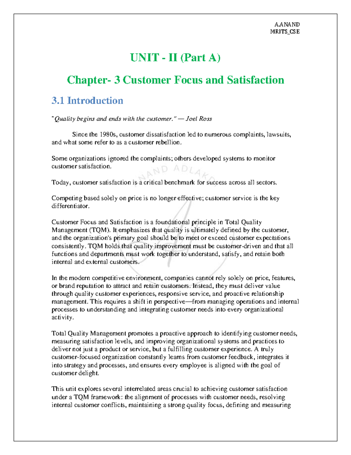 TQM Unit II: Customer Focus and Satisfaction Overview - A.ANAND MRITS ...