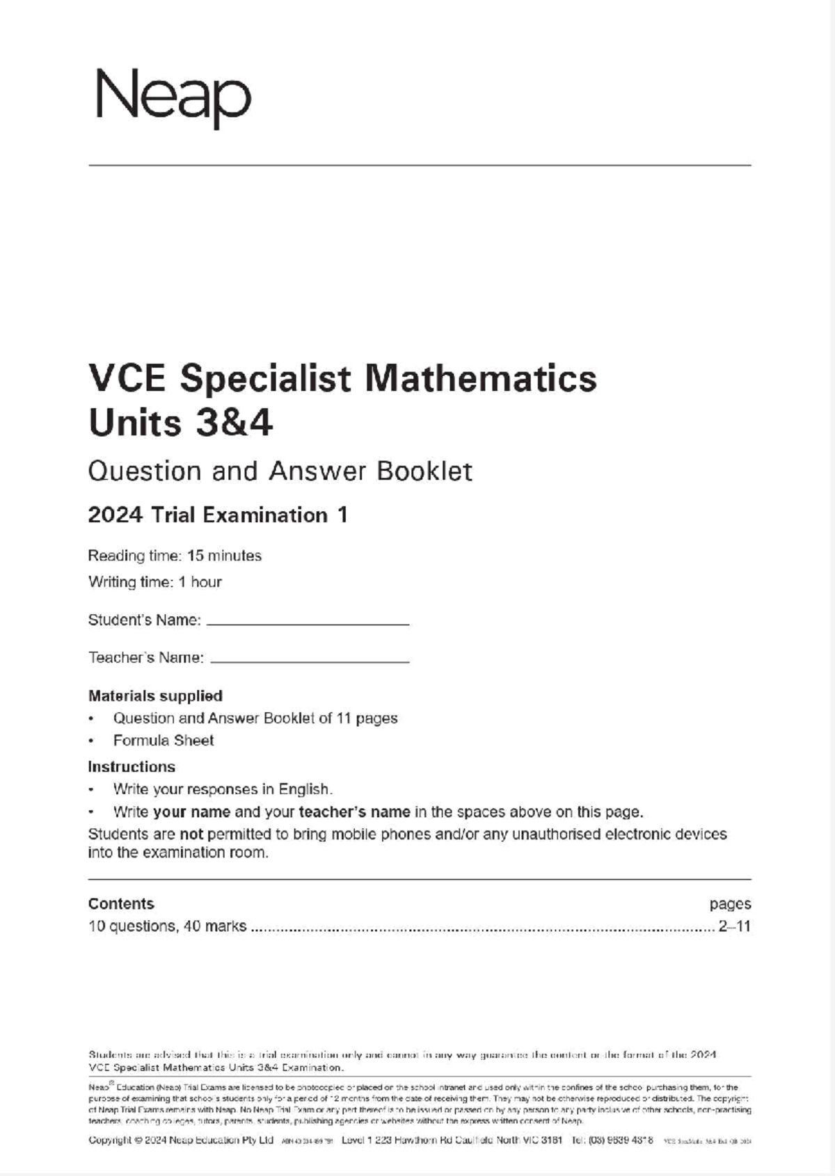 VCE Specialist Mathematics Units Trial Exam 1 Q&A Booklet 2024 - Studocu